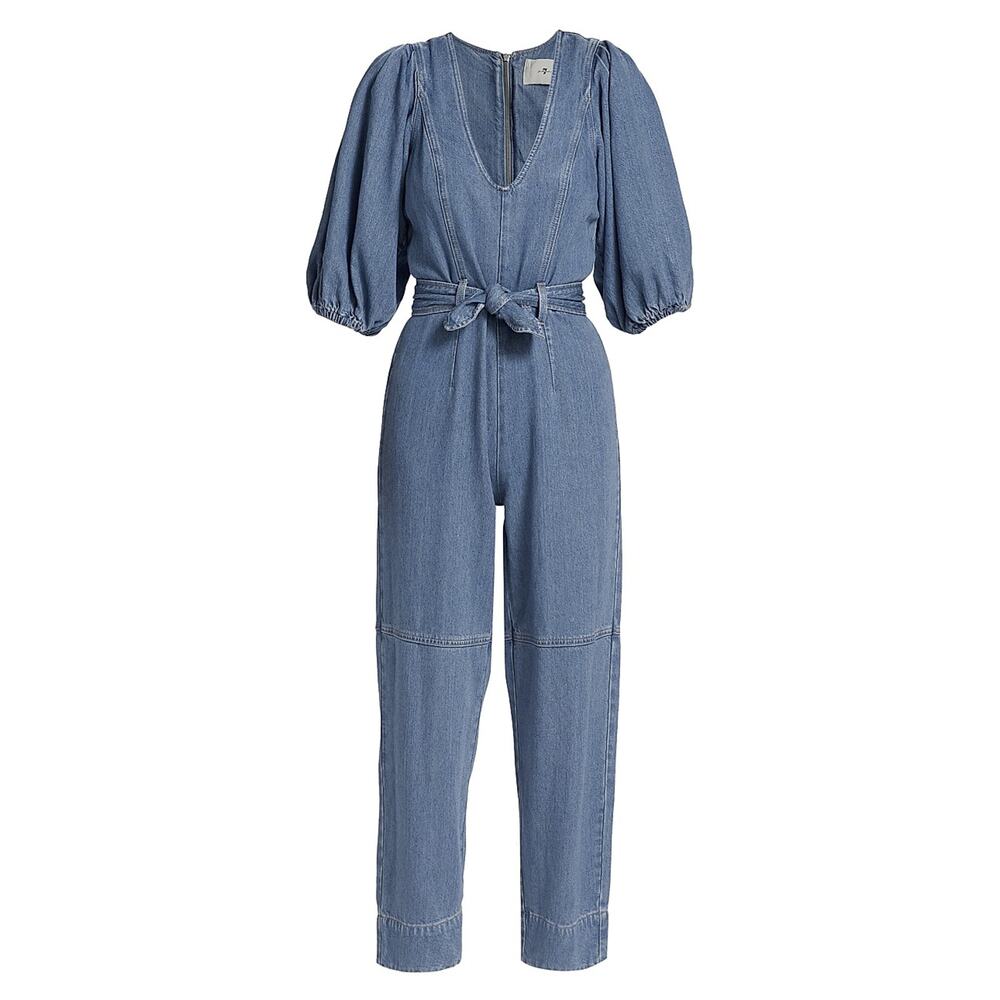 7 For All Mankind Blue Cotton Puff-Sleeve Denim Jumpsuit Size L